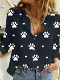 Paw Print Button Front Shirt, Casual Long Sleeve Shirt For Spring & Fall, Women's Clothing