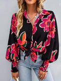 Plus Size Casual Blouse, Women's Plus Floral Print Button Up Lantern Sleeve Turn Down Collar Blouse