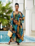 Plus Size Boho Kaftan Dress, Women's Plus Tropical Print Batwing Sleeve V Neck Split Maxi Beach Dress