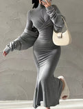 Twist Front Long Sleeve Trumpet Dress, Casual Turtle Neck Slim Dress For Spring & Fall, Women's Clothing