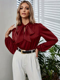 Solid Tie Neck Blouse, Elegant Long Sleeve Blouse For Spring & Fall, Women's Clothing