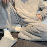 Men's Simple Style Solid Casual Pajamas Sets, Warm Flannel Lounge Wear, Long Sleeve Hoodies Pullover Top & Loose Pants