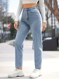 deanwangkt-1  High Rise Light Wash Blue Mom Jeans, Zipper Button Closure Slash Pocket Solid Color Casual Denim Pants, Women's Denim Jeans & Clothing