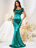 Elegant All-Season Solid Color Bodycon Mermaid Dress - Extra-Long with Chic Bow & Square Neck, Perfect for Parties and Banquets