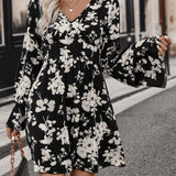 Floral Print Mini Dress, Elegant V Neck Flared Sleeve Dress, Women's Clothing