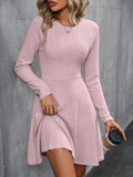 deanwangk Solid Ribbed Dress, Elegant Crew Neck Long Sleeve Dress, Women's Clothing