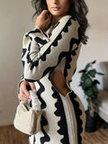 Striped Bodycon Sweater Flare Long Sleeve Dress, Cut Out Long Sleeve Casual Dress, Women's Clothing