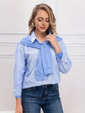 Tie Front Stripe Print Polo Collar Blouse, Casual Long Sleeve Blouse For Spring & Fall, Women's Clothing