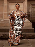 Plus Size Boho Kaftan Dress, Women's Plus Zebra & Paisley Print Batwing Sleeve Notched Neck Maxi Split Dress