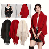 Large Fur Collar Cape Shawl Monochrome Striped Knitted Tassel Cardigan Outside Wear Warm Thick Shawl