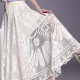 Scallop Trim High Waist Lace Skirt, Elegant Ankle Length Skirt For Spring & Summer, Women's Clothing