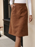 Solid High Waist Slim Corduroy Skirt, Casual Split Midi Skirt With Pocket, Women's Clothing