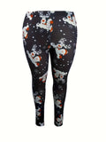 Plus Size Christmas Pants, Women's Plus Allover Print High Rise Medium Stretch Skinny Trousers