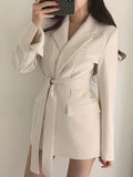 Solid Lapel Belted Blazer, Elegant Long Sleeve Blazer For Spring & Fall, Women's Clothing