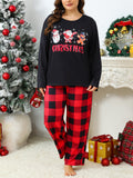 Plus Size Christmas Pajama Set, Long Sleeve Plaid Pants, Santa Gingerbread Print, Casual Polyester Knit Sleepwear, Adult Cozy Loungewear for Women