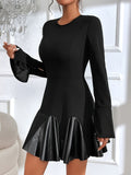 Faux Leather Panel Flare Sleeve Dress, Stylish Crew Neck A-line Dress, Women's Clothing