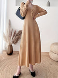 Button Front Solid Midi Dress, Elegant V Neck Long Sleeve Dress, Women's Clothing