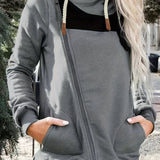 Plus Size Casual Sweatshirt, Women's Plus Colorblock Long Sleeve Zipper Drawstring Hooded Pocketed Pullover Sweatshirt, Casual Tops For Fall & Winter, Women's Clothing