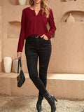 Solid V Neck Blouse, Casual Long Sleeve Simple Blouse, Women's Clothing