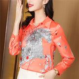 Printed Women Designer Lapel Shirts Silk Black Long Sleeve Elegant Fit Shirt Office Ladies Button Front Casual Satin Blouses Spring Fall Chic Slim Runway Tops