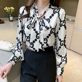 Printed Women Designer Lapel Shirts Silk Black Long Sleeve Elegant Fit Shirt Office Ladies Button Front Casual Satin Blouses Spring Fall Chic Slim Runway Tops