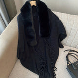 Large Fur Collar Cape Shawl Monochrome Striped Knitted Tassel Cardigan Outside Wear Warm Thick Shawl