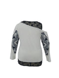 Plus Size Casual T-shirt, Women's Plus Skull & Mandala Print Contrast Lace Cold Shoulder Long Sleeve Slight Stretch T-shirt