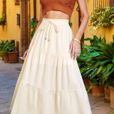 Solid Drawstring Waist Swing Skirt, Sweet Ruffle Hem Skirt For Spring & Fall, Women's Clothing