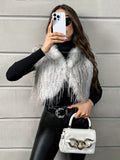 Faux Fur Open Front Crop Vest, Elegant Thermal Sleeveless Vest For Fall & Winter, Women's Clothing