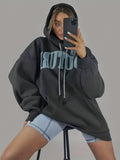 Letter Print Kangaroo Pocket Hoodie, Casual Long Sleeve Drawstring Hoodies Sweatshirt, Women's Clothing