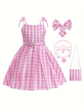 Knee-High Pink Plaid Girls Dress with Belt, Headwear, Backpack, and Jewelry - Cute Slingback Design, Non-Stretch Polyester Fabric, Flared Hem, Woven, Spring/Summer Wear