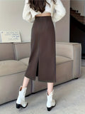 Solid High Waist Split Back Skirt, Vintage A Line Midi Skirt For Spring & Fall, Women's Clothing