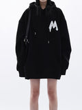 Minimalism Letter Print Drawstring Oversized Pocket Hoodies, Casual Fall Winter Sweatshirt, Women's Clothing