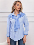 Tie Front Stripe Print Polo Collar Blouse, Casual Long Sleeve Blouse For Spring & Fall, Women's Clothing