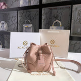 Snakeskin Embossed Bucket Bag For Women, Trendy PU Leather Handbag, Drawstring Crossbody Purse With Chain Strap