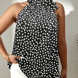 Plus Size Casual Top, Women's Plus Fluid Print Halter Neck With Tie Slight Stretch Top