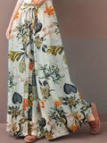 Plus Size Elegant Pants, Women's Plus Floral Print Drawstring Elastic Wide Leg Pants