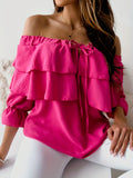 Ruffle Trim Layered Blouse, Sexy Off Shoulder Solid Blouse, Women's Clothing