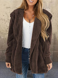 Open Front Hoodie Plush Coat, Long Sleeve Teddy Outerwear For Fall & Winter, Women's Clothing