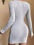 deanwangk Ribbed Solid Dress, Elegant Crew Neck Long Sleeve Bodycon Dress, Women's Clothing