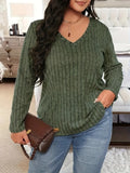 Plus Size Casual T-shirt, Women's Plus Ribbed Solid Long Sleeve V Neck Slight Stretch Top