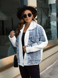 White & Blue Panel Denim Jackets, Furry Drop Shoulder Casual Fluffy Denim Coats, Women's Denim Clothing