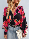 Plus Size Casual Blouse, Women's Plus Floral Print Button Up Lantern Sleeve Turn Down Collar Blouse