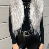 Faux Fur Open Front Crop Vest, Elegant Thermal Sleeveless Vest For Fall & Winter, Women's Clothing