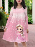 Girls' Long Sleeve Christmas Dress, 3D Princess Print, Knit Fabric, Polyester, Regular Fit, Casual Style, Autumn/Winter, Stretchy, Cartoon Pattern, Kids Fashion