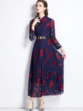 Floral Print Contrast Lace Dress, Elegant Button Front Party Maxi Dress, Women's Clothing