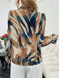 All Over Print V Neck Blouse, Elegant Long Sleeve Ruffle Trim Blouse, Women's Clothing