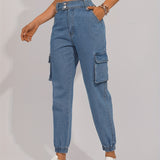 Flap Pocket Double Side Bottons Cargo Jeans, Wash Blue Street Jogger Jeans, Women's Denim Jeans & Clothing