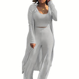 deanwangkt-1  Solid Rib Knit 3 Pieces Set, Open Front Long Length Cardigan & Bodycon Scoop Neck Tank Top & High Waist Draped Pants Outfits, Women's Clothing