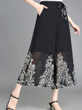 Floral Pattern Chiffon Cropped Wide Leg Pants, Casual Belted Pants For Spring & Fall, Women's Clothing